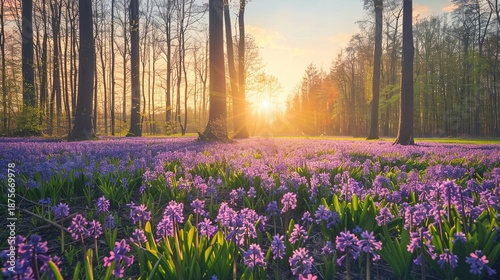 A vibrant field of purple hyacinth flowers stretches across a tranquil forest as the sun sets in the background. The atmosphere is calm, showcasing the beauty of nature