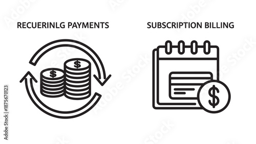 Financial Billing Icons Illustrating Recurring Payments with Coins and Monthly Subscription Calendar