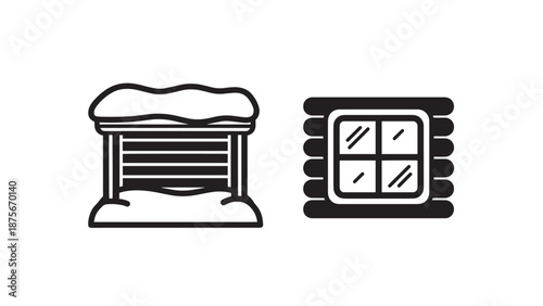 Winter Architecture Icons Depicting a Log Cabin Window and a Snow Covered Outdoor Storage Structure