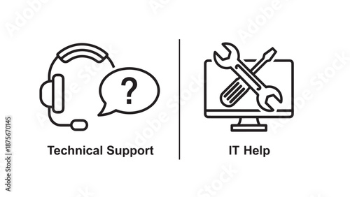 Technical Support and IT Help Icons Showing Customer Service Headset and Computer Repair Tools