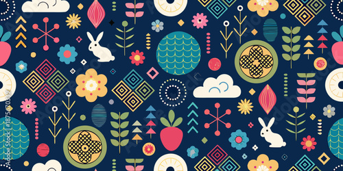 easter themed seamless pattern with colorful eggs and bunnies