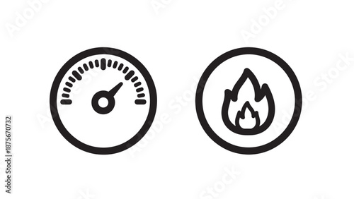 Measurement gauge and fire flame icons for temperature control and industrial energy concepts