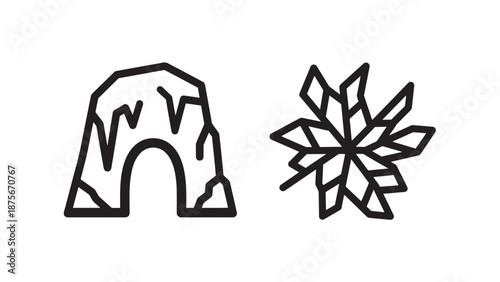 Cave entrance and crystal snowflake icons representing geological exploration and winter elements