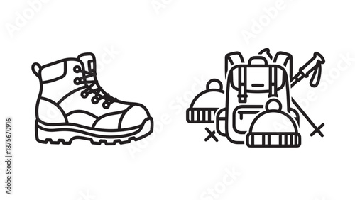 Outdoor Adventure Hiking Gear Set with Backpack Trekking Pole and Mountain Boot Icons