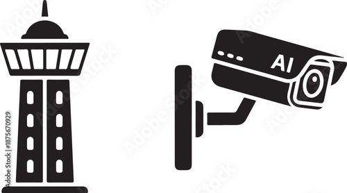 Black and white of C T V camera with A I and tower CCTV