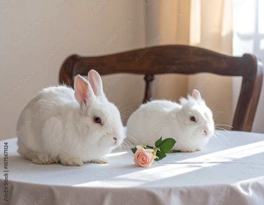 Obraz premium Two fluffy white bunnies sit gracefully at a table, with a pink rose. Natural light creates a warm ambiance. A wooden chair is behind