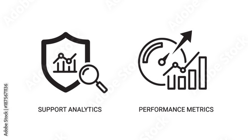Performance Metrics and Support Analytics Icons with Shield and Magnifying Glass for Business Security and Data Analysis