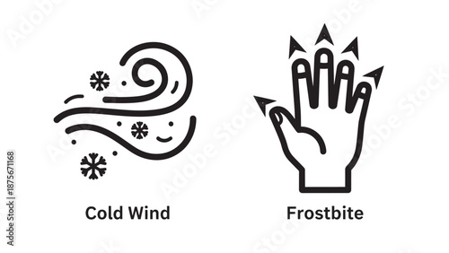 Cold Wind and Frostbite Line Icons Depicting Winter Weather Hazards and Frozen Temperature Effects on Human Skin