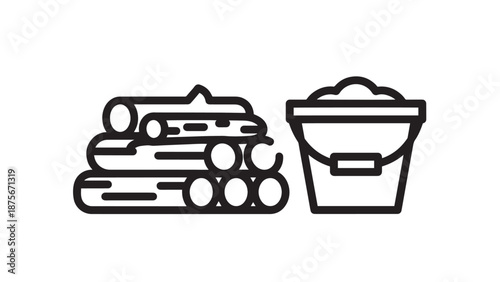 Stacked Firewood Logs and Pail Bucket with Sand Icons for Survival Preparation and Fire Safety Prevention