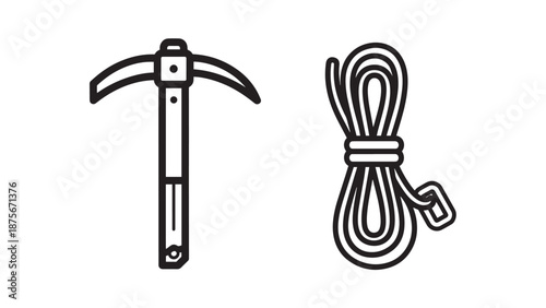 Pickaxe and Coiled Rope Line Icons for Underground Mining Exploration and Rock Climbing Adventure Sports