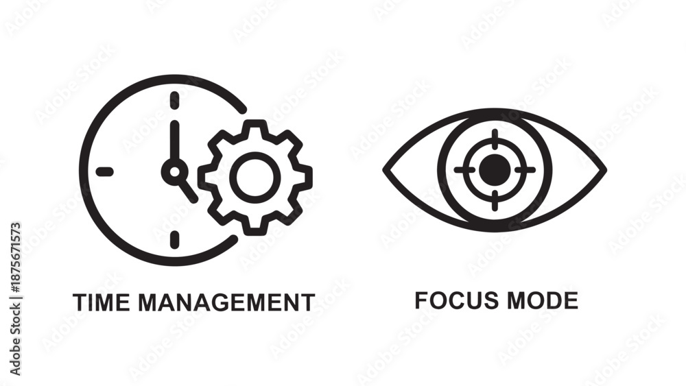 Obraz premium Time Management and Focus Mode Icons with Gear Clock and Target Eye Productivity Symbols