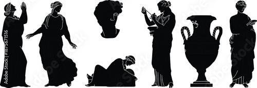 Set of black vector silhouettes featuring ancient Greek and Roman statues including goddess figures male bust and antique vase isolated on white background