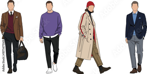 Vector collection of four stylish men wearing trendy business casual suits and autumn street wear outfits isolated on white background for men's fashion design