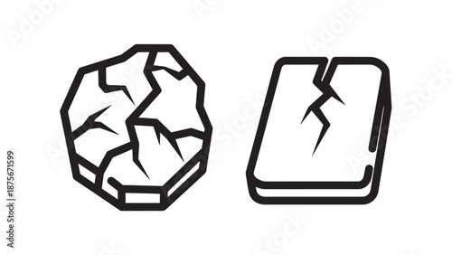 Broken Stone Rock and Cracked Tablet Screen Icons Symbolizing Damage and Fractured Material