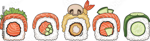 Vector illustration set of delicious sushi rolls featuring salmon shrimp tempura and vegetable maki isolated on white background for Japanese Asian food menu