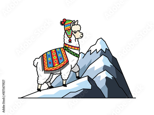 A white llama wearing a colorful hat and blanket stands on a snowy mountain peak.