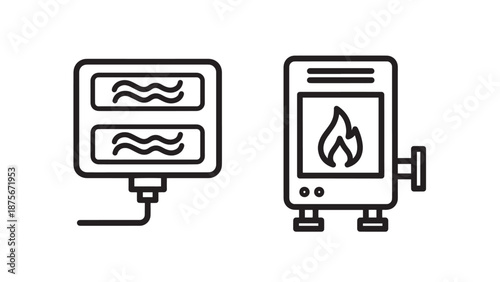 Home Heating Appliance Icons for Electric Space Heater and Traditional Fire Stove Illustration