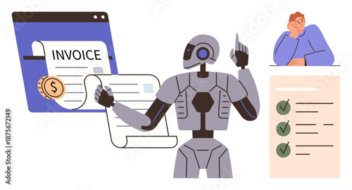 Business automation, artificial intelligence, task management, financial processing, efficiency, productivity. AI robot interacting with invoices and checklists. Business automation and AI-driven