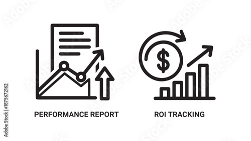 Business Performance Report and ROI Tracking Analysis Icons for Financial Strategy and Growth