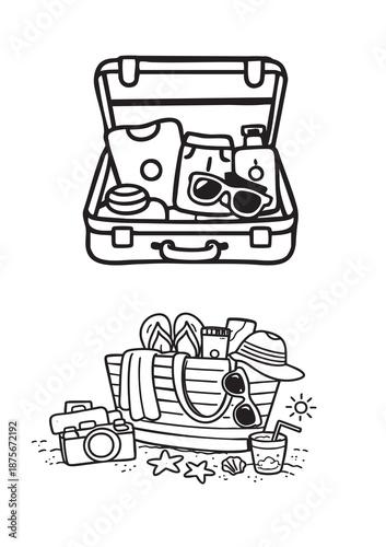 Travel packing concept line art icons, summer holiday preparation