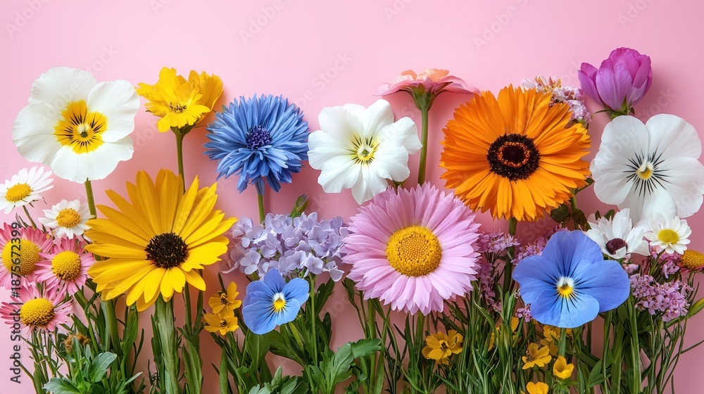 Fototapeta premium Bright array of flowers on a pink background