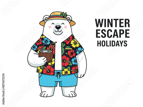 A cartoon polar bear dressed in a Hawaiian shirt, shorts, and a straw hat, holding a coconut drink, with text 'WINTER ESCAPE HOLIDAYS' on a white background.