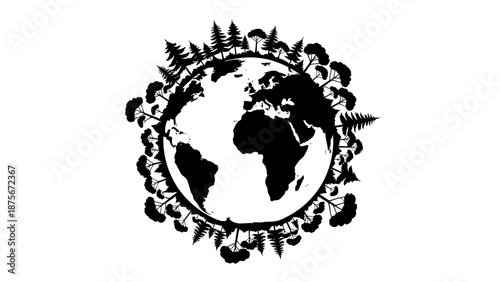 Globe Surrounded by Trees and Leaves Silhouette.