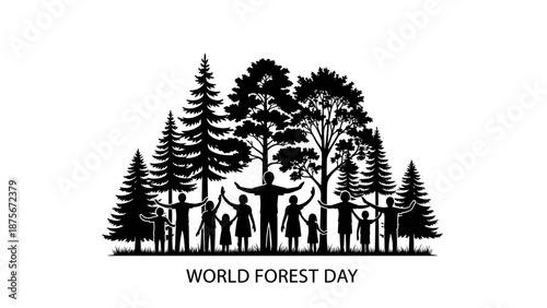 Silhouette People Standing Among Trees Illustration.