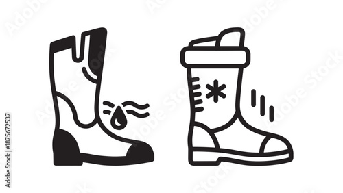 Set of Outdoor Work Boot Icons Featuring a Waterproof Raindrop Symbol and an Insulated Winter Snowflake Symbol for Weather Protection