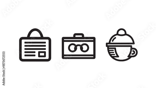 Assorted Lifestyle and Professional Icons Including a Business Briefcase, a Media Tape Reel Case, and a Kitchen Cooking Pot with a Lid