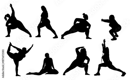Black vector silhouettes of plus size women practicing yoga and fitness poses. Body positive, curvy figures in dynamic stretching and balance positions. Isolated on transparent background