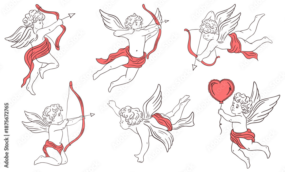 Fototapeta premium Hand drawn whimsical cupids collection. Whimsical antique angel baby. Vintage cherub greek statues with arrow, bow and wings. Vector retro little angel for poster, wedding invitation, menu, posters