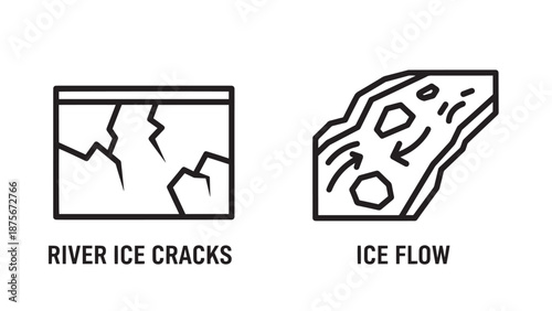 River Ice Cracks and Floating Ice Flow Icons Illustrating Natural Winter Phenomena and Climate Changes