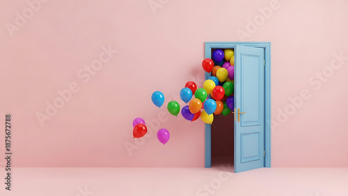 Colorful balloons coming out of blue door against pink background  