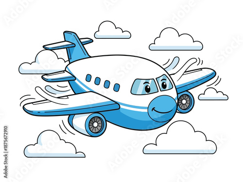 A cute cartoon blue and white airplane flying happily in a blue sky surrounded by fluffy white clouds.