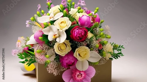 A box of flowers with a variety of colors and types of flowers. The flowers are arranged in a way that creates a sense of harmony and balance. The box is placed on a white surface