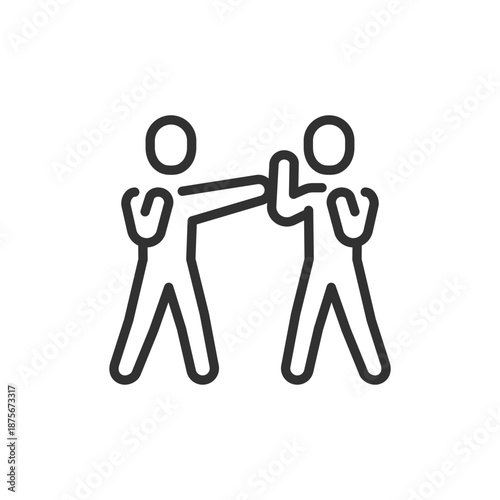 Two people sparring, linear icon. Boxing practice and self defense training. Line with editable stroke.