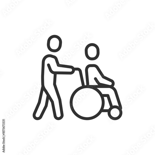 Person pushing wheelchair, linear icon. Disability support and mobility assistance. Line with editable stroke.