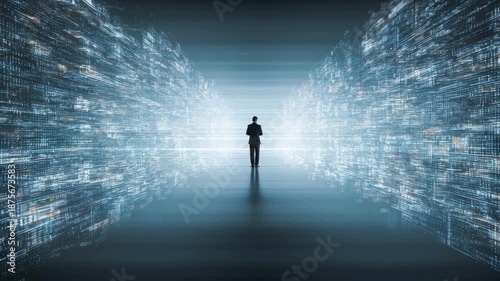 Businessman walking through futuristic data corridor with glowing digital light and abstract technology