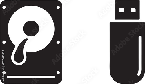 Black and white of hard drive and usb flash drive computer storage data transfer