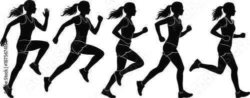 Female Runner Silhouette Sequence Showing Dynamic Running Motion for Sports Science, Fitness Animation, and Athletic Training Guides