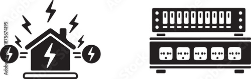 Black and white of house with lightning and electrical panel power