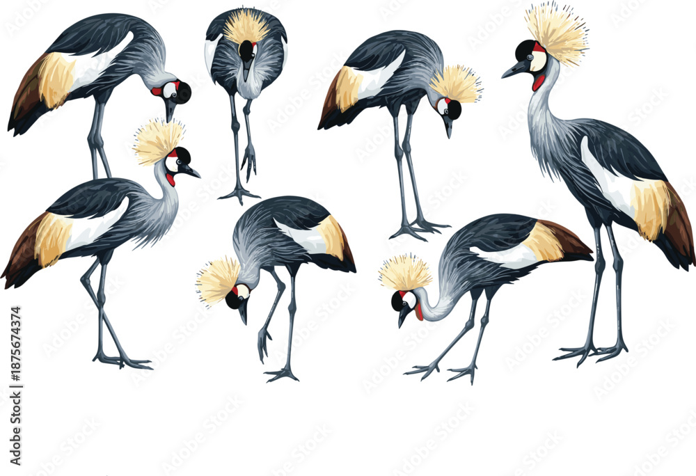 Fototapeta premium Crowned crane vector illustration set showing elegant African birds in different poses isolated on white background