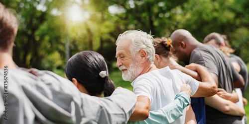 Canvas Print Elderly man and diverse people hugging each other