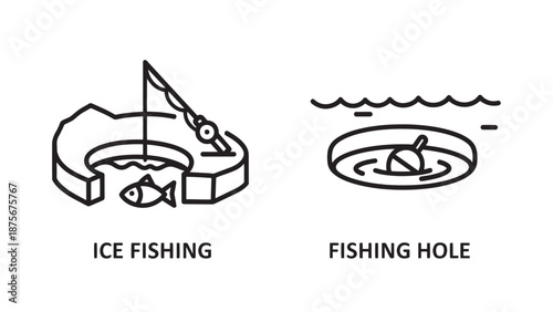 Ice Fishing Activity and Fishing Hole Line Icons for Winter Sports and Recreation