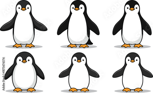 Set of cute penguin characters with different facial expressions including happy sad and winking isolated on white background for winter holiday and children designs