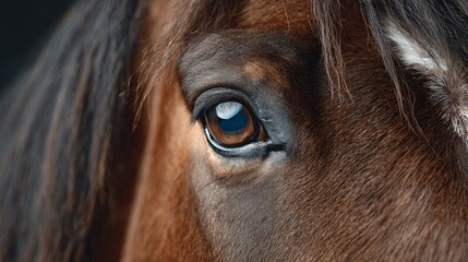 Close-up of a brown horse's eye, showcasing intricate details of the iris and eyelashes, reflecting light beautifully, emphasizing the beauty and grace of equine features in a natural setting
