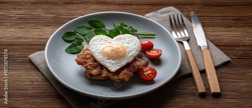Wallpaper Mural Heart-shaped fried egg on bacon toast with cherry tomatoes and greens served on a plate over a wooden table Torontodigital.ca
