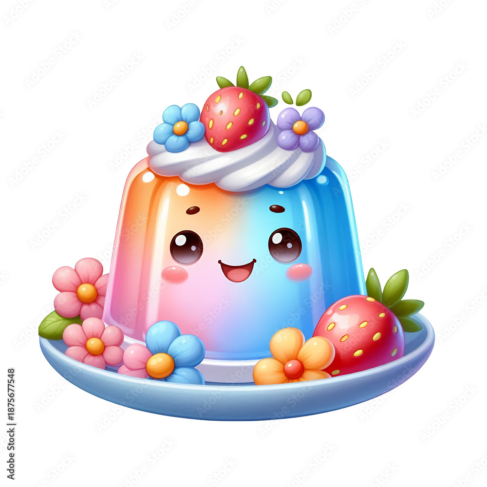 Obraz premium Colorful Cartoon Jelly Pudding with Strawberry