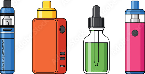Colorful vape devices and e liquid bottles illustration set isolated on white background modern electronic cigarette gear for vaping lifestyle concept design collection